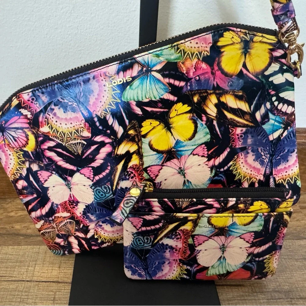 LODIS Genuine Leather Butterfly Print 3-Piece Set: Clutch Wristlet Wallet Pouch